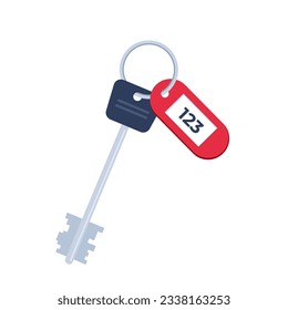 Modern hotel door lock key with room number badge. Vector illustration in flat design