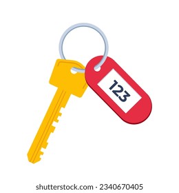 Modern hotel door lock key with room number badge. Vector illustration in flat design