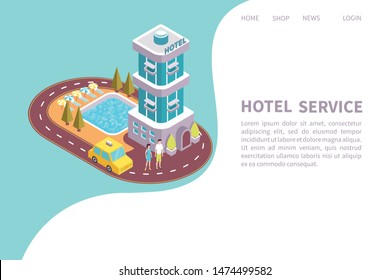 Modern hotel facilities service landing web page design with building exterior entrance outdoor swimming pool vector illustration 
