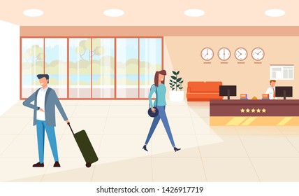 Modern hotel hall reception apartment with waiting tourists. Tourism travel concept. Vector flat graphic design cartoon illustration