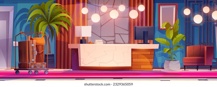 Modern hotel lobby interior design. Vector cartoon illustration of large hall with computer monitor on reception desk, creative illumination, armchair, baggage trolley, elevator door, green plants