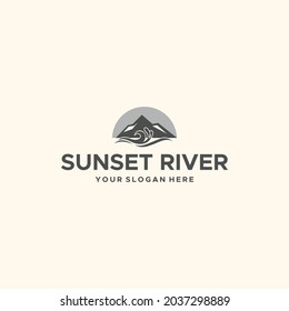 Diseño del logotipo del hotel moderno para la puesta de sol en los ríos de montaña
