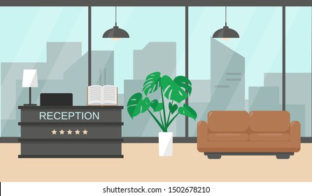 Modern hotel reception interior with window, furniture and plant on the floor. Vector illustration.
