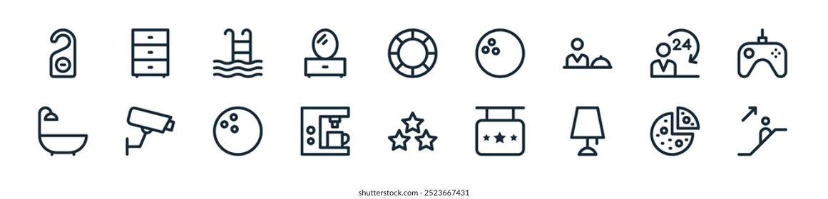 modern hotel and services icon pack. perfect for linear ui designs featuring vector or up, pizza, table lamp, three stars, three stars, coffee maker, bowling ball and more icons for mobile and web