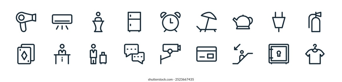 hotel moderno e serviços ícone pack. perfeito para projetos de iu linear com serviço de lavanderia vetor, depósito box, ou para baixo, cartão de débito, cctv, chat, viajante e mais ícones para aplicações móveis e web.