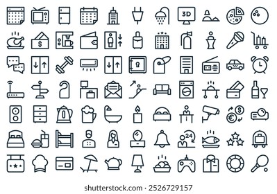 modern hotel and services icon pack. perfect for minimalist ui designs featuring vector tennis, lifebuoy, laundry service, video game, hot food, table lamp, teapot, and more icons.