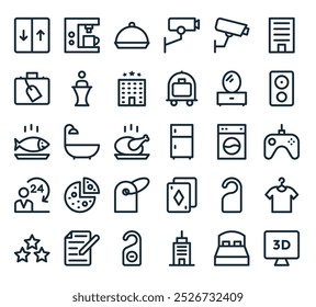 modern hotel and services icon pack. perfect for linear ui designs featuring vector d display, bed,  , do not disturb, note and more icons.