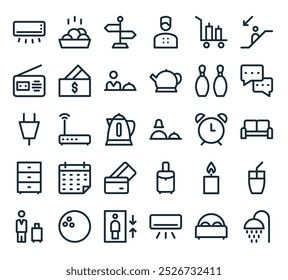 modern hotel and services icon pack. perfect for linear ui designs featuring vector shower, bed, air conditioner, elevator, bowling ball and more icons.