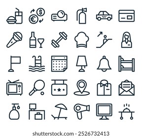 modern hotel and services icon pack. perfect for linear ui designs featuring vector food service, computer monitor, hair dryer, sunbed, workspace and more icons.