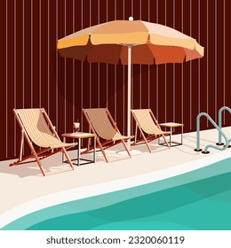 Modern hotel. Hotel. Hotel with a swimming pool. Retro postcard featuring a hotel. Place of relaxation. Vector illustration