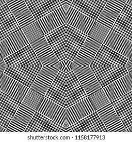 Modern hounds tooth motifs. Asymmetric pattern with checkers and patches. Black, white.