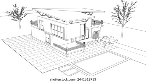 modern house 3d illustration sketch