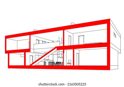 Modern house architectural drawing 3d illustration