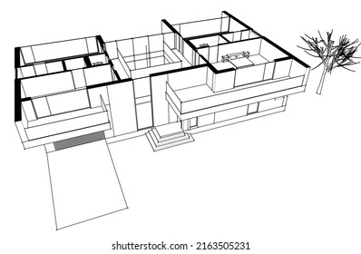 Dibujo arquitectónico de la casa moderna Ilustración 3d