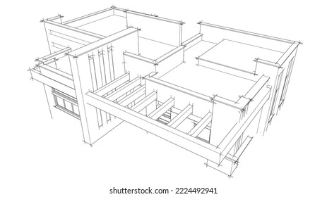 Modern house architectural drawing 3d illustration
