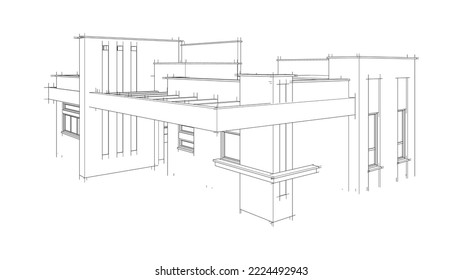 Modern house architectural drawing 3d illustration