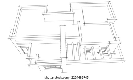 Modernes Hausarchitekturzeichnung 3D-Illustration