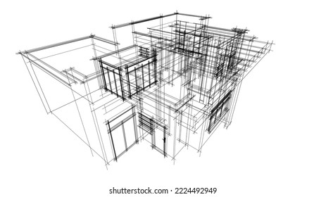 Modern house architectural drawing 3d illustration