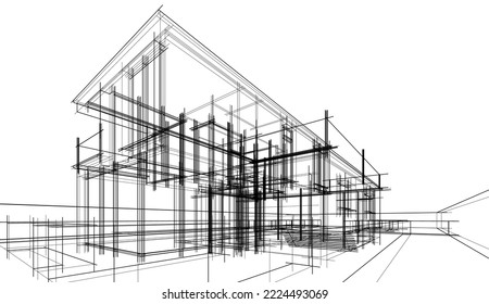 Modern house architectural drawing 3d illustration