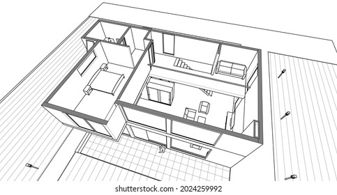  modern house architectural project sketch 3d illustration