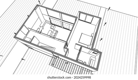  Architekturprojektskizze des modernen Hauses, 3D-Illustration