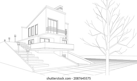 Architekturprojektskizze des modernen Hauses, 3D-Illustration