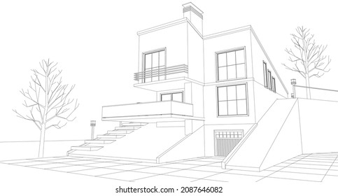 modern house architectural project sketch 3d illustration