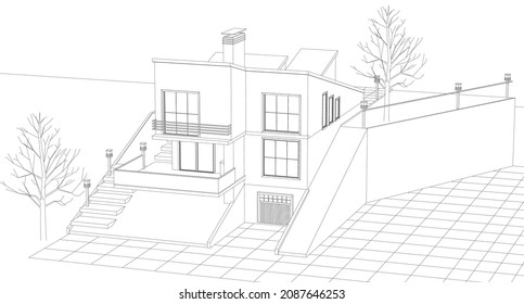 modern house architectural project sketch 3d illustration