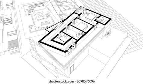 modern house architectural project sketch 3d illustration