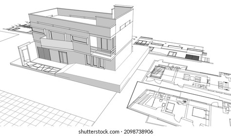 modern house architectural project sketch 3d illustration