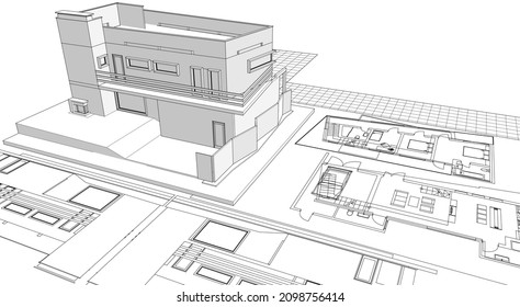 modern house architectural project sketch 3d illustration