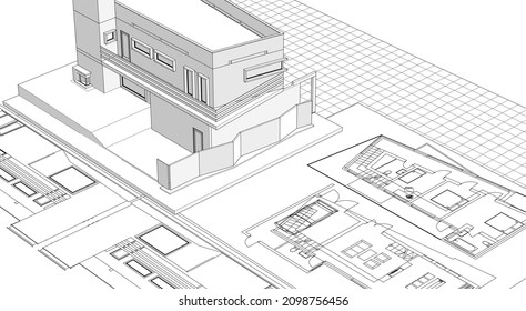 modern house architectural project sketch 3d illustration