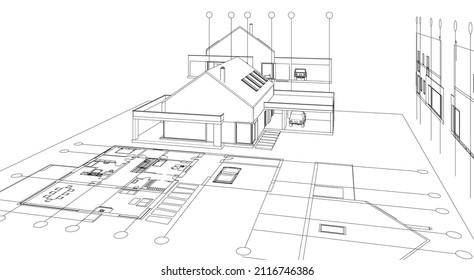 modern house architectural project sketch 3d illustration