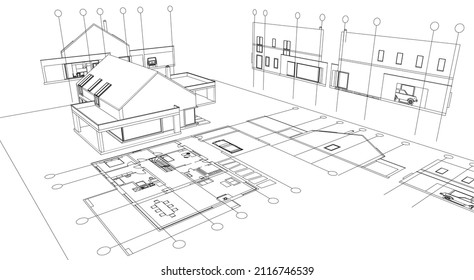 modern house architectural project sketch 3d illustration