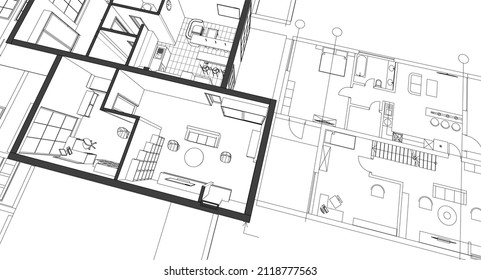 modern house architectural project sketch 3d illustration