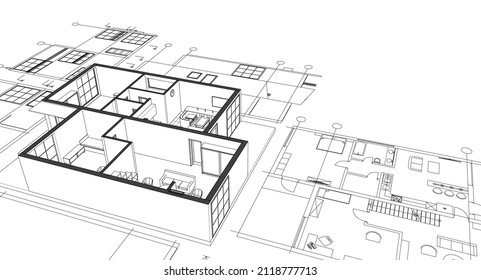 modern house architectural project sketch 3d illustration