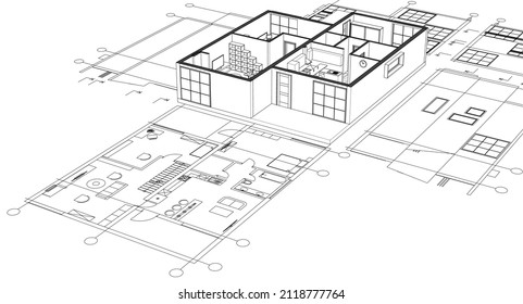 modern house architectural project sketch 3d illustration