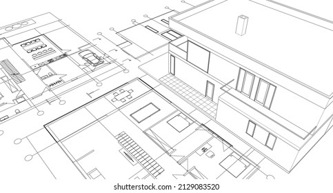 Architekturprojektskizze des modernen Hauses, 3D-Illustration