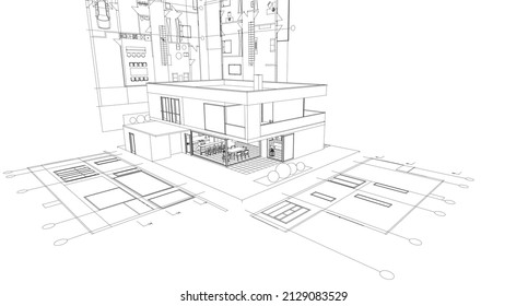 modern house architectural project sketch 3d illustration
