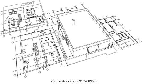 modern house architectural project sketch 3d illustration
