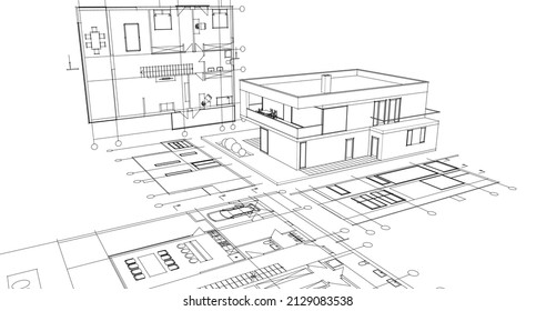 modern house architectural project sketch 3d illustration