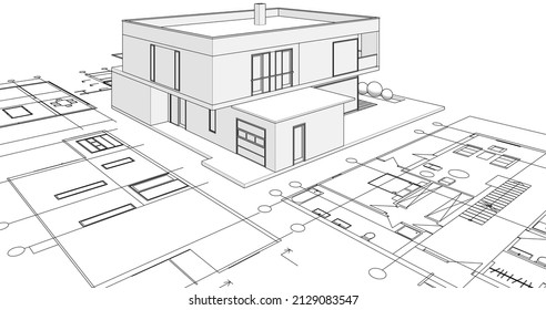 modern house architectural project sketch 3d illustration