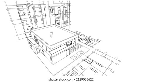modern house architectural project sketch 3d illustration