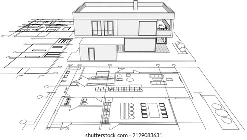 dibujo del proyecto de arquitectura de la casa moderna ilustración de 3d