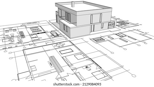 Architekturprojektskizze des modernen Hauses, 3D-Illustration