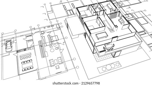 dibujo del proyecto de arquitectura de la casa moderna ilustración de 3d
