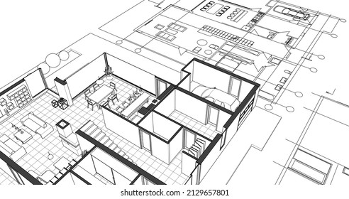 dibujo del proyecto de arquitectura de la casa moderna ilustración de 3d