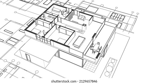 dibujo del proyecto de arquitectura de la casa moderna ilustración de 3d
