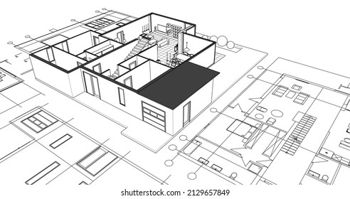 modern house architectural project sketch 3d illustration