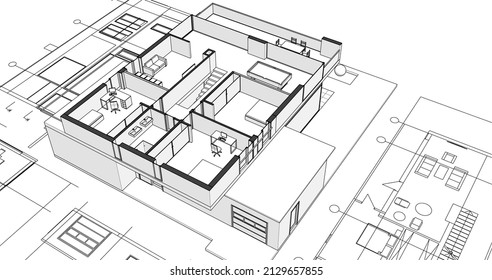 modern house architectural project sketch 3d illustration